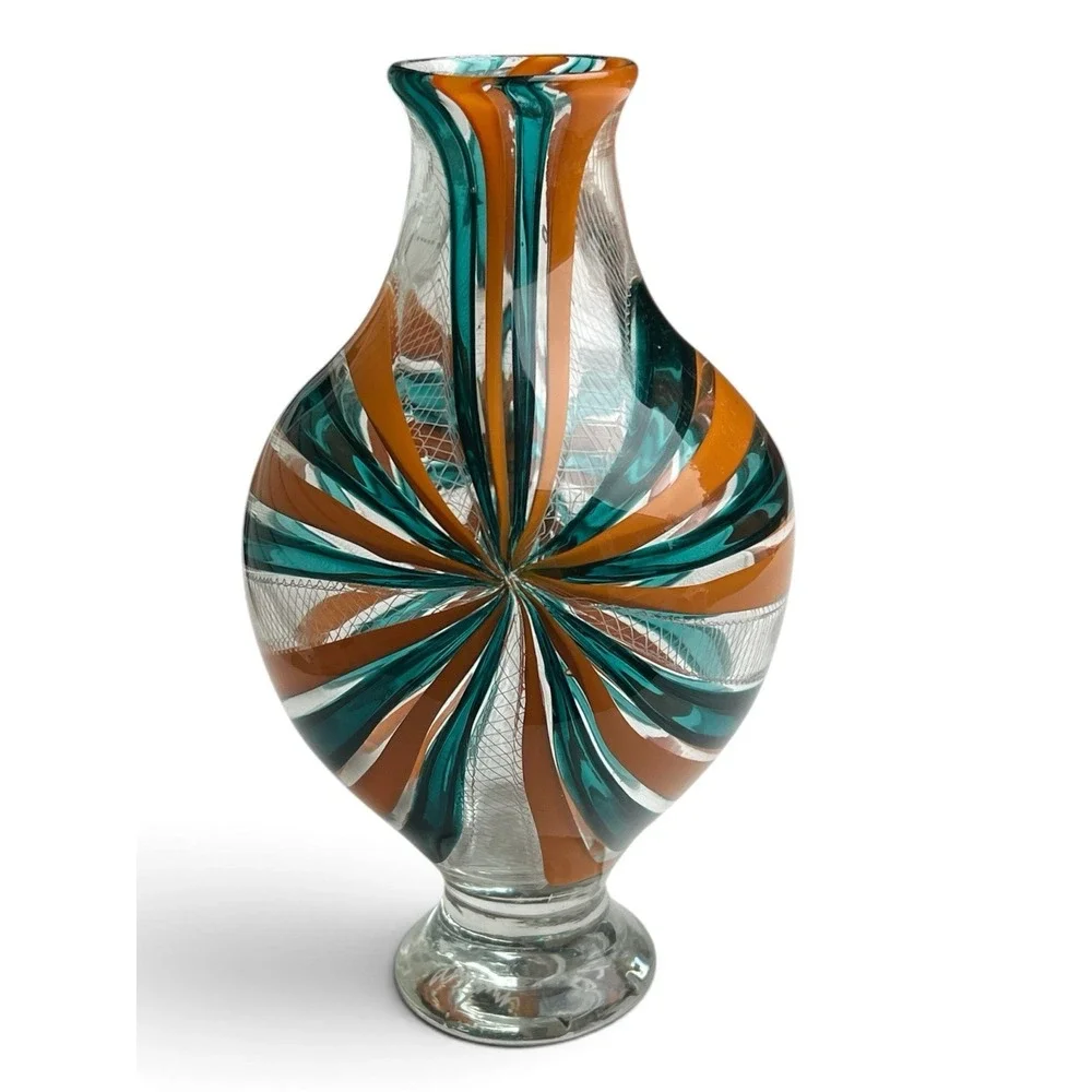 Daniel Graham Signed 2020 Hand Blown Art Glass Vase Reticello Teal Orange 9